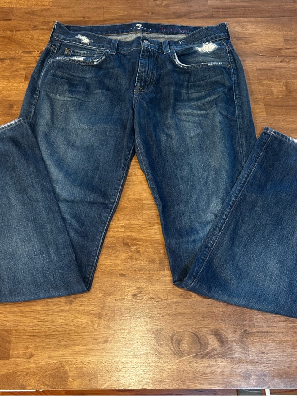 7 For All Mankind Men's Dark Blue Distressed Relaxed Jeans